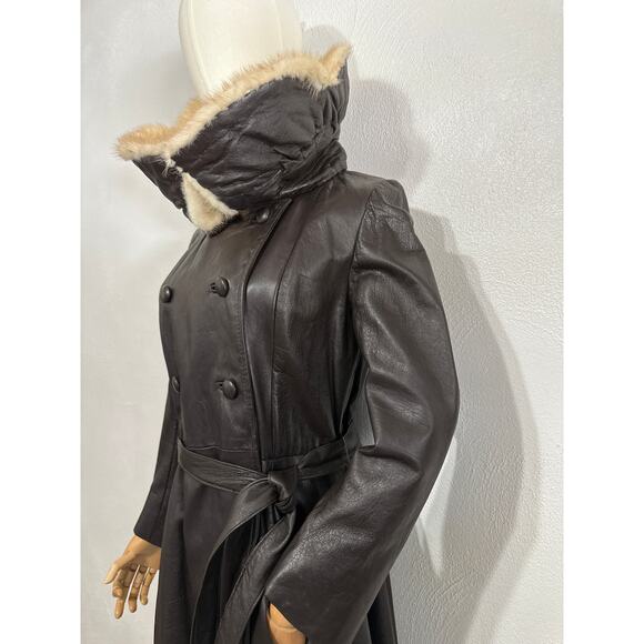 VTG Stunning 70s Leather Fur Funnel High Neck Trench Penny Lane Coat M Brown - Picture 6 of 16